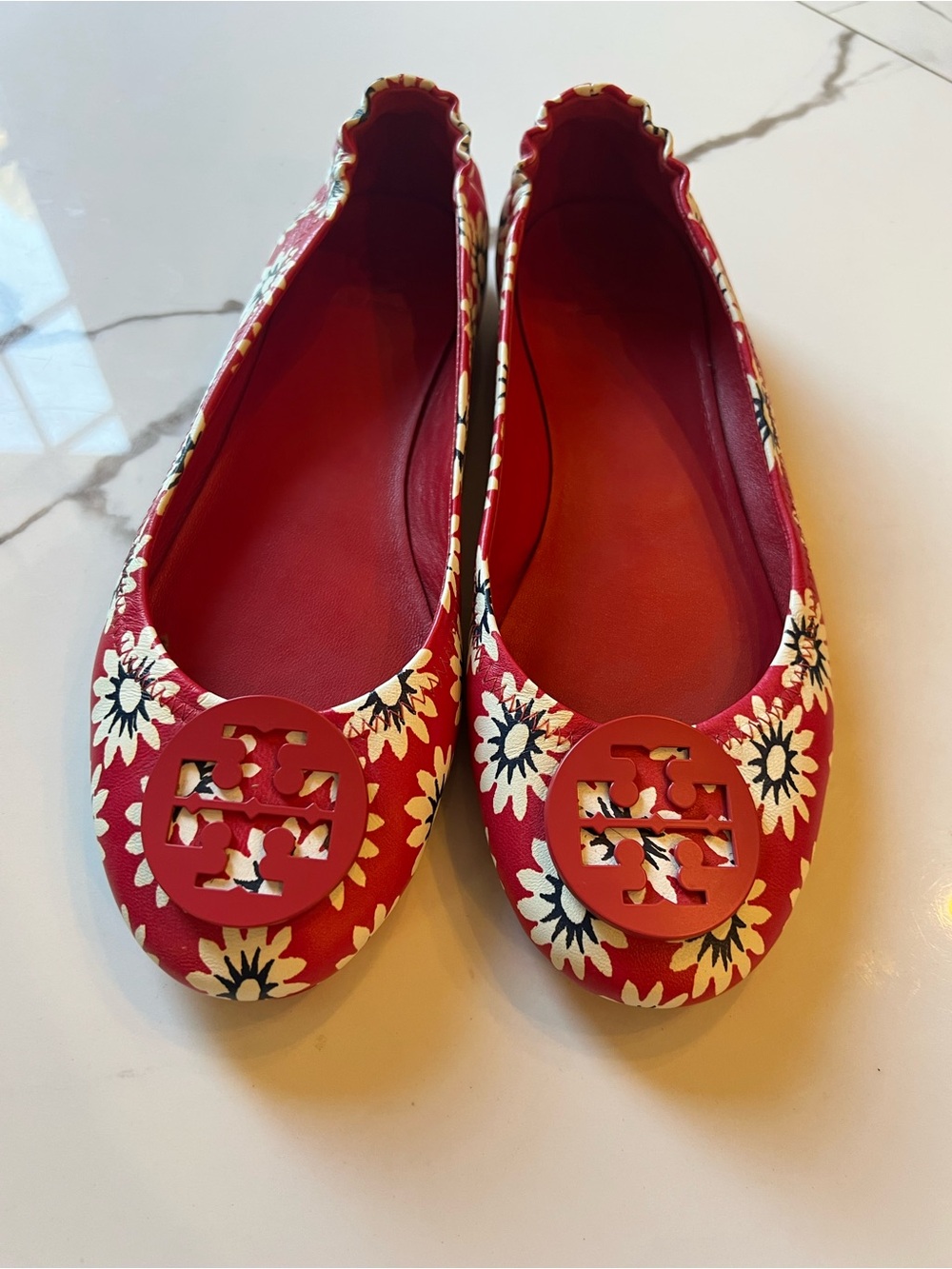 Tory Burch Red Floral Logo Ballet Flats